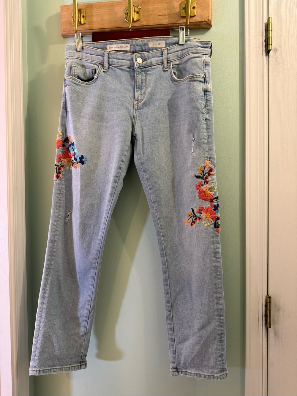 Pilcro and the Letterpress Light Blue Straight Leg Jeans with Floral Embroidery